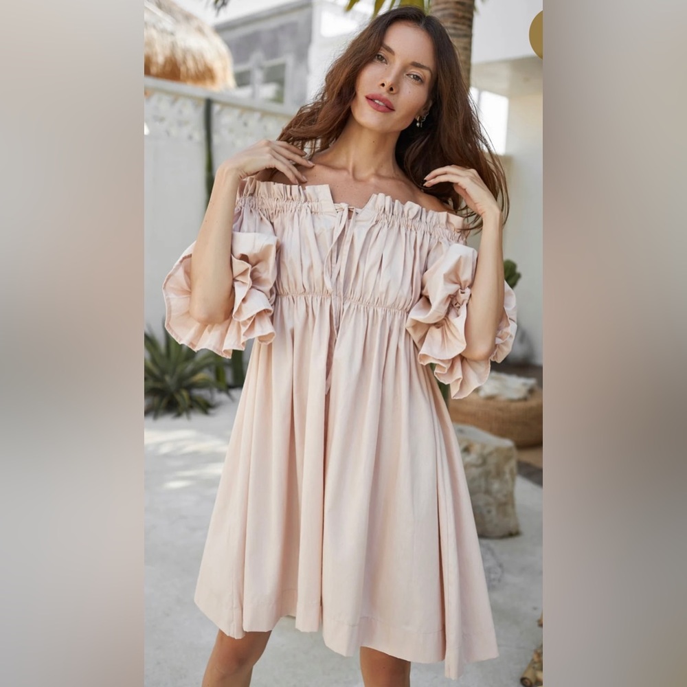 ELF Made By Hand Vacay Off Shoulder Cotton Mini Dress in ‘Cream’, Size M…